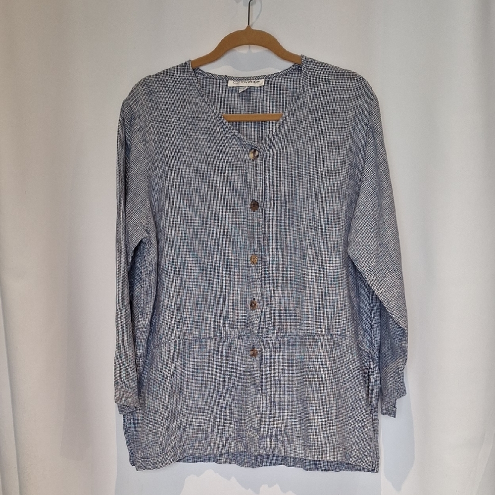 Cotton Wear Blue and White Checkered Button-Up 100% Linen Tunic Size L